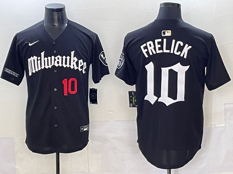 Men 2025 Milwaukee Brewers #10 Frelick Black Five generations Joint Name Nike MLB Jersey style 03->milwaukee brewers->MLB Jersey
